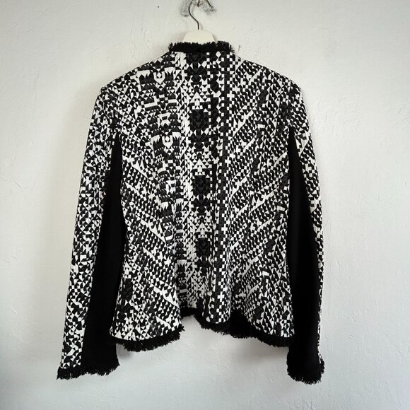Joseph Ribkoff Womens Black White Geometric Fringe Blazer Jacket Size 12 Stretch - Picture 2 of 8